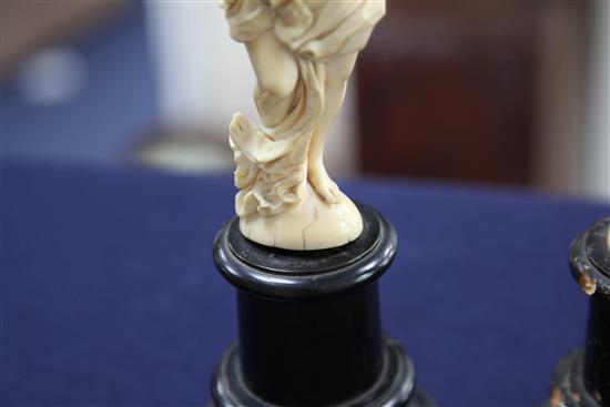 A pair of 19th century Dieppe ivory carvings of muses, Overall H. 12.25in.